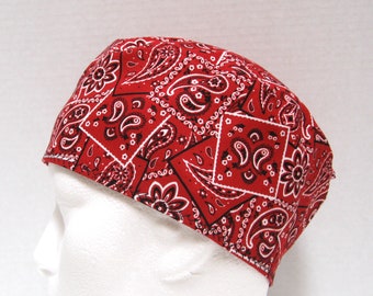 Mens Red Bandana Scrub Hat, Surgical Cap or Doctors Skull Cap