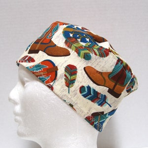 Mens Scrub Cap or Surgical Cap with Cowboy Boots and Feathers