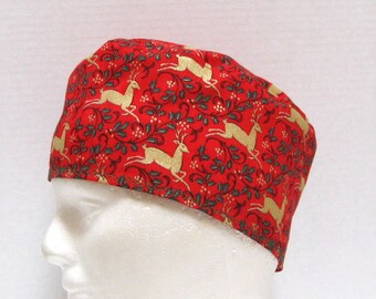 Christmas Red Surgical Cap or Scrub Hat with Gold Reindeer