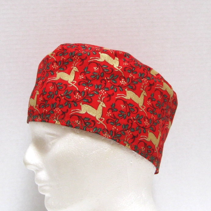 Christmas Red Surgical Cap or Scrub Hat with Gold Reindeer | Etsy