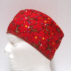 Red Surgical Cap or Scrub Hat Mens Christmas Lights and Reindeer