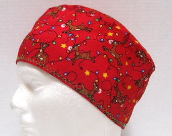 Gorro quirúrgico rojo o gorro de quirófano para hombre con luces navideñas y renos