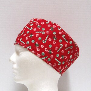 Christmas Red Mens Scrub Hat with Red and Green Candy Canes