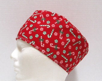 Christmas Red Mens Scrub Hat with Red and Green Candy Canes