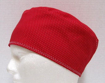 Red Mens Scrub Hat, Surgical Cap or Chefs Skull Cap with Tiny White Dots