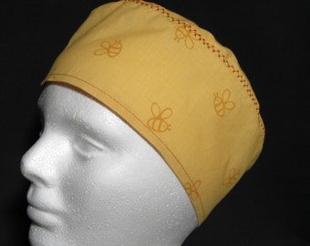 Scrub Hat, Surgical Cap or Chemo Hat Bees on Golden Yellow