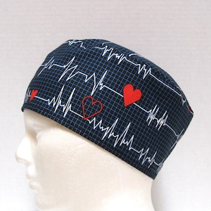 Mens Scrub Hat, Surgical Cap or Cardiologist Scrub Cap with Cardiac Heart EKG on Black or White