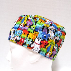 Veterinarian Surgical Cap, Mens Scrub Hat or Chemo Cap with Multi Colored Dogs
