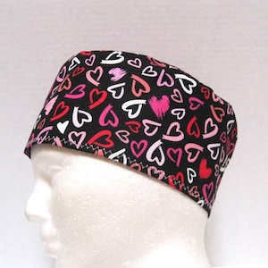 Valentine Mens Scrub Cap or Operating Room Cap Tossed Hearts on Black