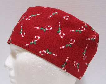 Mens Christmas Scrub Cap, Surgical Cap or Skull Cap Candy Canes on Red