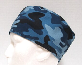 Mens Surgical Scrub Cap or Skull Scrub Cap in Shades of Blue Camouflage