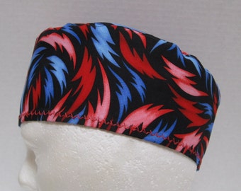 Mens Scrub Cap or Surgical Hat with Red and Blue Flames