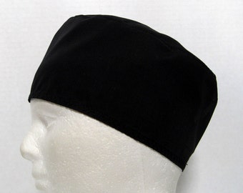 Mens Black Scrub Hat, Surgical Cap, Chefs Cap, or Skull Scrub Cap