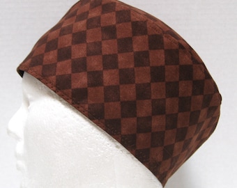 Mens Scrub Cap, Skull Cap or Surgical Cap in a Brown Diamond Print