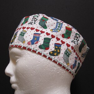 Scrub Hat or Surgical Cap with Christmas Stockings Hanging in a Row