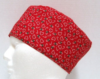 Christmas Scrub Cap, Scrub Hat or Surgical Cap Red with Candy Canes