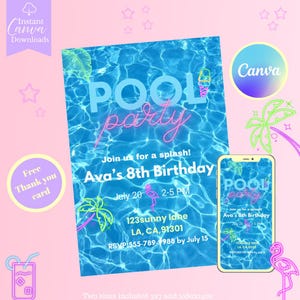 faire-part modifiable à la piscine | Fête à la piscine fille/garçon | Fête d'anniversaire à la piscine | Fête d'été à la piscine | Invitation numérique + carte de remerciement en prime