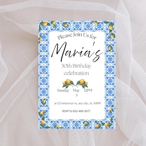 Editable Italian Blue Tile Lemon Birthday Invitation | Summer Party | Amalfi Theme | Citrus Invite | La Dolce Vita Birthday Template