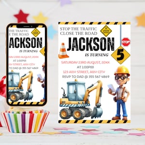 Construction Invitation, Construction Birthday Invitations, Dump Truck Party Invite, Printable Template, Editable Canva invitation templates