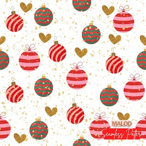 May include: A seamless pattern featuring red and green wavy-striped Christmas ornaments, red and pink horizontally-striped ornaments, and gold glitter hearts on a white background with gold speckles. The text MALOD is visible at the bottom.