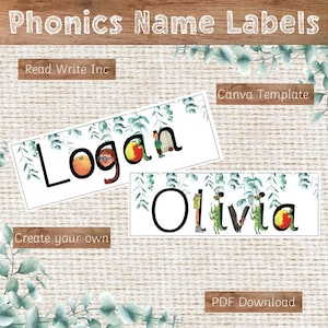 Puede incluir: Dos etiquetas con los nombres "Logan" y "Olivia" en letras negras grandes, decoradas con ilustraciones y vegetación. Las etiquetas están sobre un fondo de madera con el texto "Phonics Name Labels", "Read Write Inc", "Canva Template", "Create your own" y "PDF Download".