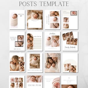 Pode incluir: Modelos de posts do Instagram para fotógrafos, com fotos de recém-nascidos e retratos de família. Os modelos incluem sobreposições de texto com frases como "Oferta especial", "Coisas para fazer" e "Prévia".