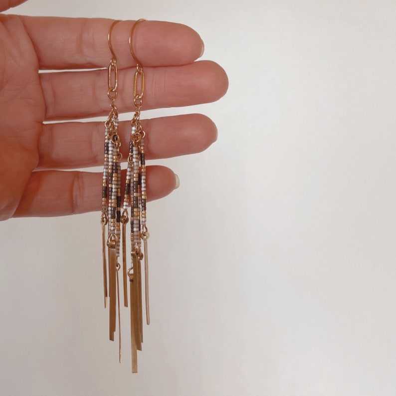 beaded fringe earrings, tassel earrings, lightweight beaded earrings, brass fringe earrings, brass tassel earrings image 1