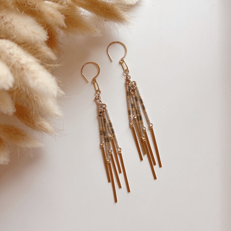 beaded fringe earrings, tassel earrings, lightweight beaded earrings, brass fringe earrings, brass tassel earrings image 4