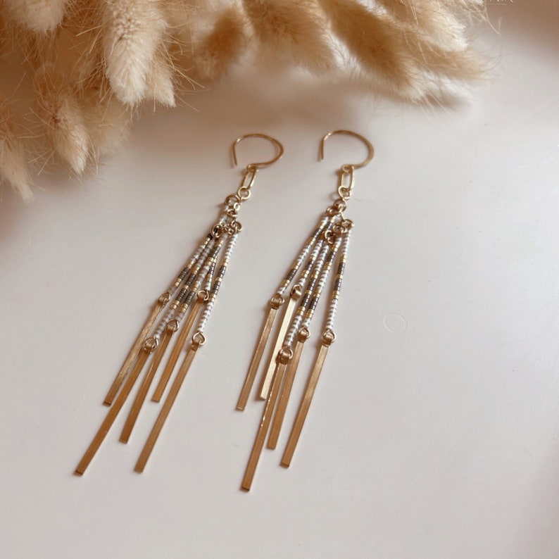 beaded fringe earrings, tassel earrings, lightweight beaded earrings, brass fringe earrings, brass tassel earrings image 3