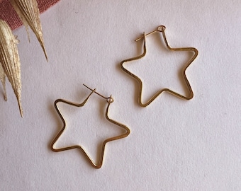 Star Hoops, small brass hoops, Star earrings, lightweight hoops, celestial hoops, celestial earrings