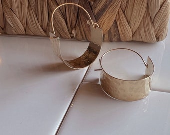 Hammered Brass Hoop Earrings, Wide Brass Hoops, Textured Hoop Earrings, Large Lightweight Hoops, Brass Cradle Hoops