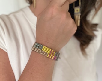 colorblock loom beaded bracelet, wide beaded cuff, adjustable beaded bracelet, bright colored bracelet