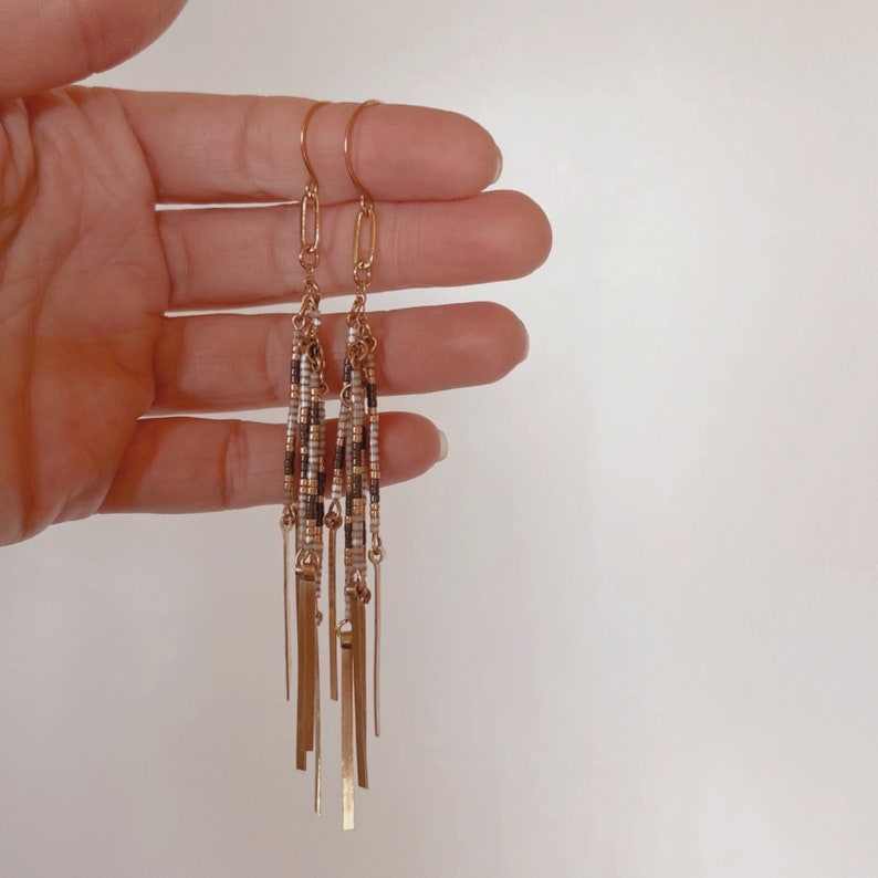 beaded fringe earrings, tassel earrings, lightweight beaded earrings, brass fringe earrings, brass tassel earrings image 6