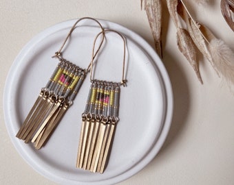 market beaded fringe earrings, gray beaded hoops, brass fringe earrings, lightweight hoop earrings