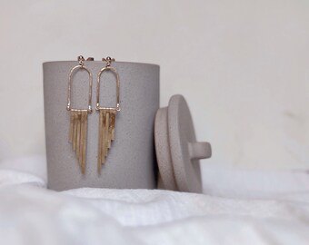 elevated fringe earrings, brass fringe earrings, textured earrings, statement earrings