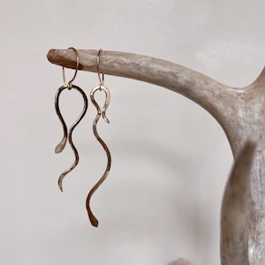 Asymmetrical Brass Snake Earrings: Hand Hammered Serpent Jewelry