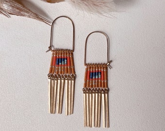 market beaded fringe earrings, beaded hoops, brass fringe earrings, lightweight hoop earrings