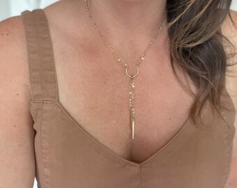 open ring lariat, y necklace, double chain necklace, bolo necklace