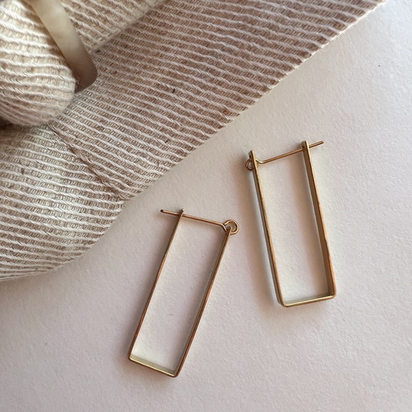 rectangular hoops, lightweight hoop earrings, brass earrings, basic hoops, everyday earrings, geometric hoops