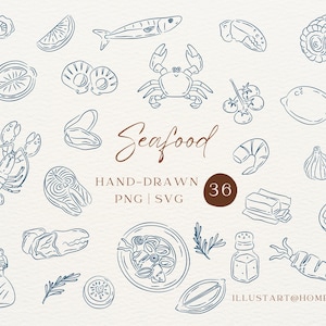 Paquete de imágenes prediseñadas de mariscos dibujados a mano. Gráficos SVG y PNG de cangrejos, langostas, camarones y mariscos.
