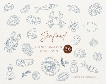 Paquete de imágenes prediseñadas de mariscos dibujados a mano. Gráficos SVG y PNG de cangrejos, langostas, camarones y mariscos.