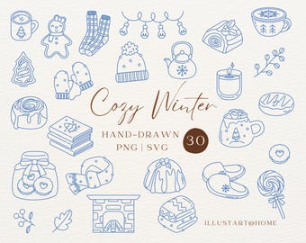 Hand Drawn Cozy Winter Clipart SVG PNG | Winter Line Art Illustrations for Invitations Cards