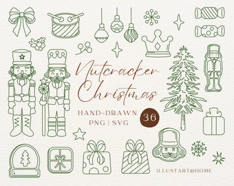 Cascanueces navideños dibujados a mano (SVG PNG), arte lineal de cascanueces navideños para invitaciones y tarjetas