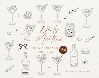 Hand-Drawn Dirty Martini Clipart SVG PNG, Classic Cocktail Illustration for Bar Menu and invitations