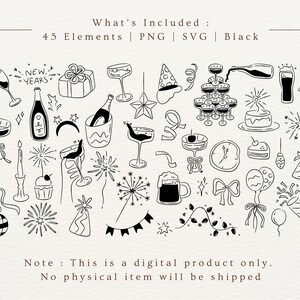 A collection of 45 hand-drawn New Year party line art elements including champagne, balloons, fireworks, ribbons, and party decorations. Minimal black line illustrations arranged on a beige background. Digital product preview showing PNG and SVG clipart included in the set.