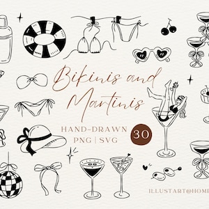 May include: A collection of hand-drawn black and white illustrations featuring beach and cocktail themes. Includes bikinis, martini glasses, a disco ball, sunglasses, and the text "Bikinis and Martinis". The image also includes the text "HAND-DRAWN PNG | SVG 30 ILLUSTART@HOME".