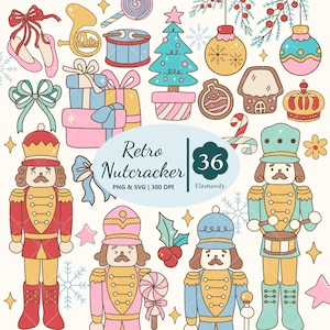 May include: A collection of retro-style Christmas and holiday-themed illustrations. Includes nutcrackers, ornaments, gifts, a Christmas tree, snowflakes, and the text "Retro Nutcracker". The color palette features pastel pink, blue, yellow, and red.