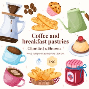 Coffee and Breakfast Pastries Clipart PNG Set Cute Croissant, Muffin, Coffee Cup for Planner, Stickers, Cards, Digital Download