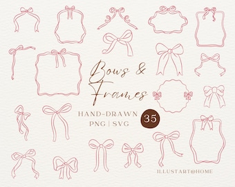 Handgetekende strikken en lijsten clipart | Coquette Bow Doodle PNG SVG voor grillige uitnodigingen