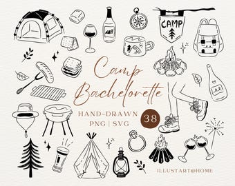 Camp Bachelorette SVG & PNG Clipart Bundle | Hand-Drawn Camping Icons for Invitations